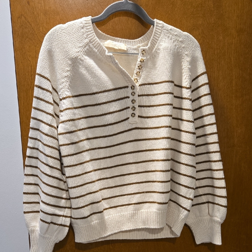 Sezane Cream and Brown Striped V-Neck Sweater